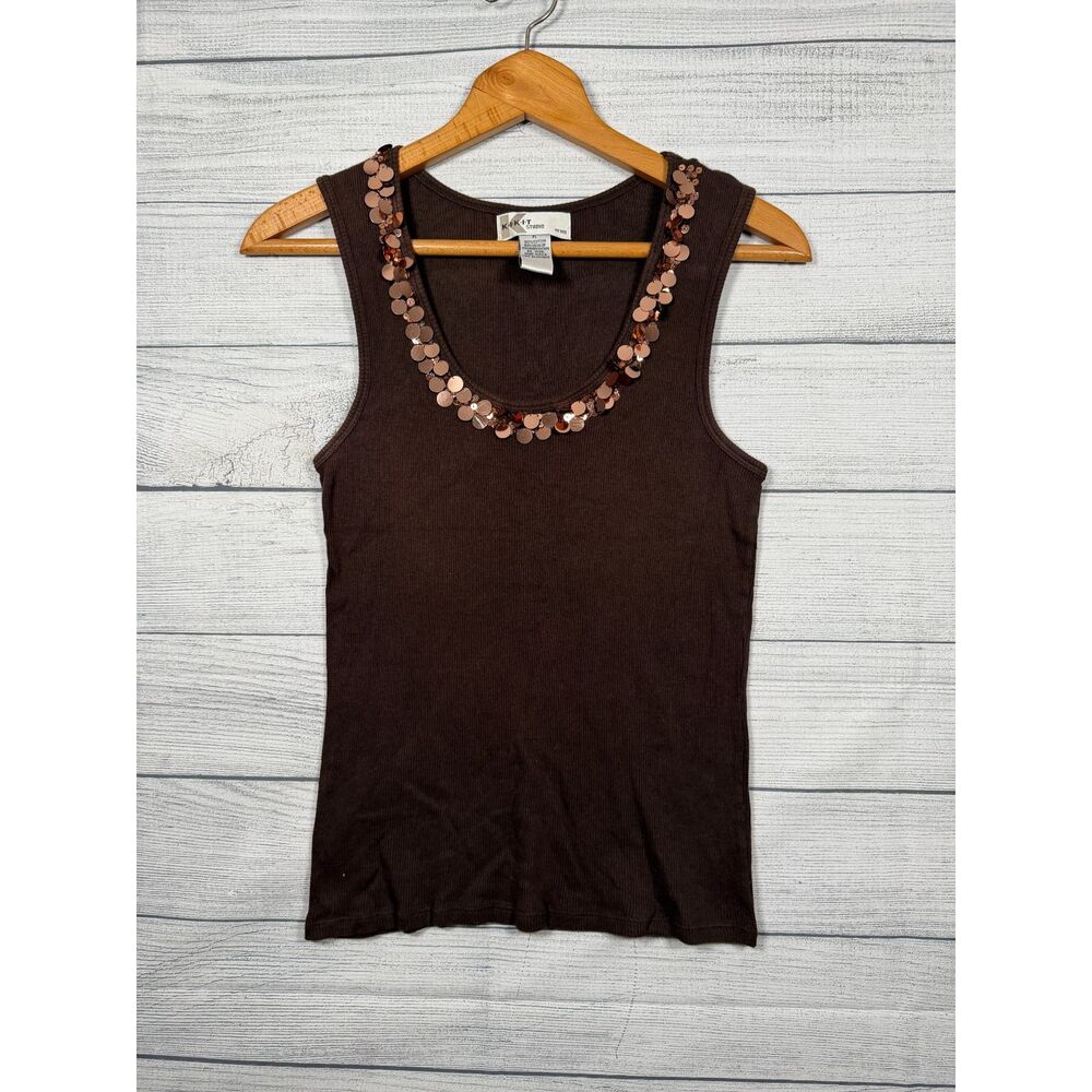 Kikit Studio Sequin Tank Top Womens PL Brown Ribbed Sleeveless #4580